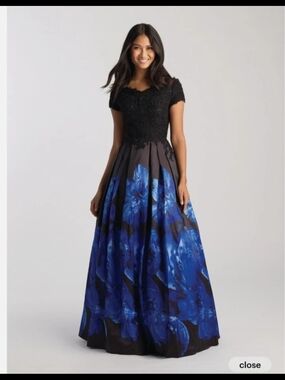madison james Black Bodice with Bold Blue Floral Skirt Prom Gown size 6 nwt